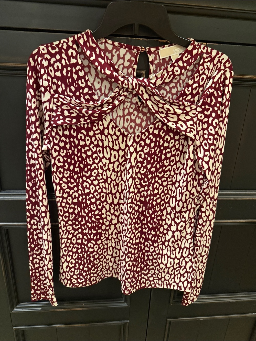 MICHAEL Michael Kors Burgundy and Cream Animal-Print Twist-Neck Long Sleeve Top